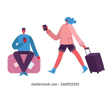 Vector illustration with isolated young man and woman travelers in various activity with luggage and tourist equipment in flat design 