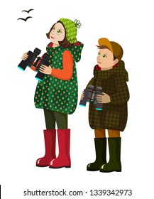 vector illustration with isolated young ornithologists.birdwatchers with binoculars in hands.flat cartoon kids in autumn clothes