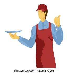 Vector illustration of isolated young waiter holding silver and demonstrating sign OK