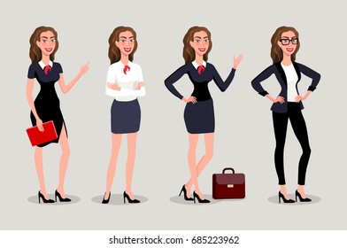 Vector illustration isolatede. Elegant pretty business woman in formal clothes. Base wardrobe, feminine corporate dress code. Collection of full length portraits of business woman. art