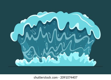 Vector illustration isoleted tsunami. Big blue ocean wave flat. Natural disaster. Concept on blue background. 