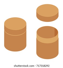 Vector illustration isometric 3d brown cylinder box for tee or coffee. Brown cardboard package set, collection