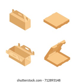 Vector illustration isometric 3d empty opened and closed
brown pizza box, lunchbox  isolated on white background.