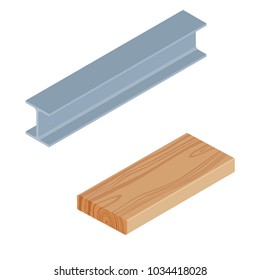 Vector illustration isometric 3d rasped wooden timber plank for building construction or floring. Construction steel beam for architectural works. Wood board