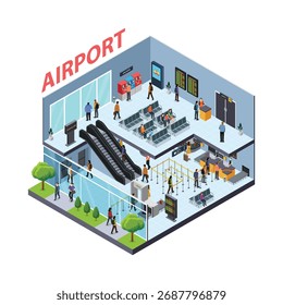 Una Ilustración vectorial de isométricos del interior del aeropuerto