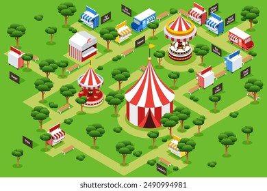 A vector illustration of Isometric Amusement Park Carnival Fair