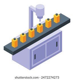 Vector illustration of an isometric assembly line with robotic arm and products