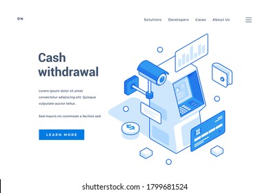 Vector Illustration Of Isometric ATM With Credit Card And Surveillance Camera Representing Cash Withdrawal System On Banner For Banking Service