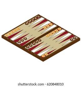 Vector illustration isometric backgammon wooden board and chips for game. Board game