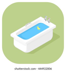 Vector illustration of an isometric bathtub Flat icon.
Porcelain household bathtub with long shadow.
Isometric Bathing.