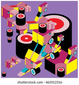Vector illustration isometric block and cylinder. Material design template and background for poster and publication