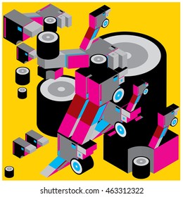 Vector illustration isometric block and cylinder. Material design template and background for poster and publication