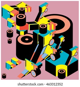Vector illustration isometric block and cylinder. Material design template and background for poster and publication