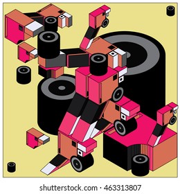 Vector illustration isometric block and cylinder. Material design template and background for poster and publication