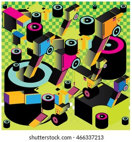Vector illustration isometric block and cylinder. Material design template and background for poster and publication