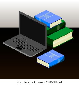 Vector illustration isometric books with laptop on the table.