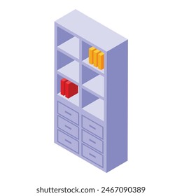 Vector illustration of an isometric bookshelf with red and yellow books and empty shelves