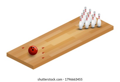 A vector illustration of a an isometric bowling alley. Bowling Alley Isometric with ball and pins