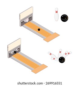 A vector illustration of a an isometric bowling alley with a strike. Bowling Alley Isometric bowling alley with bowling ball and pins.