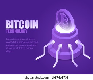 Vector illustration isometric bright block crypto currency bitcoin. Landing page digital blockchain and cryptocurrency. Concept bitcoin technology.