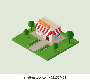 vector illustration of isometric  building coffee shop isolated on white background