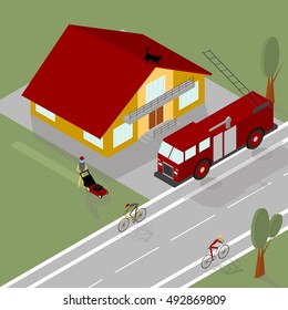  Vector illustration of isometric building with firetruck and cyclists man in bicycle race, by groups and layers for easy edit.