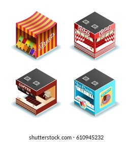 Vector illustration of isometric buildings as fresh fruits store,kebab store, coffee store and ice cream store isolated on white background