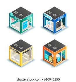 Vector illustration of isometric buildings as tourist information center, travel agency, mobile store and bank with currency exchange isolated on white background