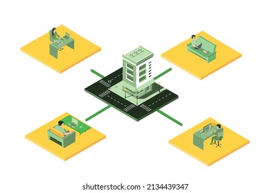 Vektorgrafik des ironischen Geschäftsmanns und einer Frau, die zu Hause mit Laptop und Schreibtisch arbeitet. Business Analytics Technologie mit Big Data, Cloud Computing, Statistikmodell. Flachdesign