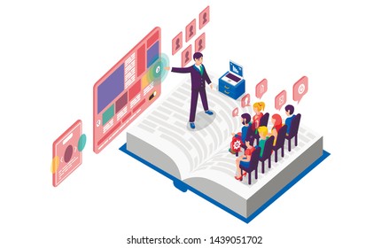 Vector illustration isometric business presentation on book white background slide graph infographics design audience viewers listeners speaker speech orator speechmaker screen advertising notebook