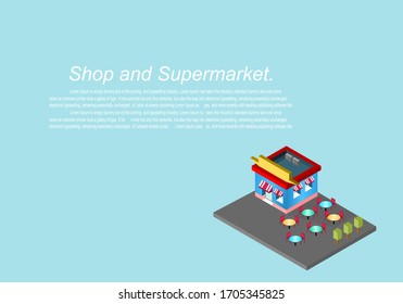  ilustración vectorial. Cafés, tienda y supermercado isométricos.