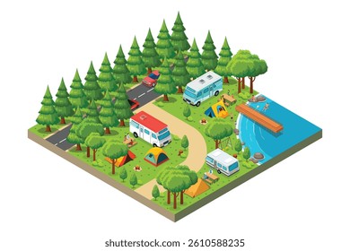 A vector illustration of Isometric Camping RV Outdoor