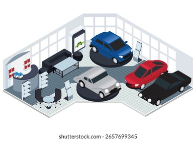 Una Ilustración vectorial del interior isométrico del salón de exposición del coche con los vehículos y el área de recepción 