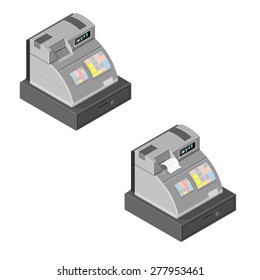Vektorgrafik einer isometrischen Kasse.
Isometrisches Illustrationssymbol der Registrierkasse.
Bis zum verschlossenen Kasten.