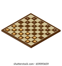 Vector illustration isometric checkerboard with checkers. Game concept. Board game. Hobby. checkers on the playing field for a game.