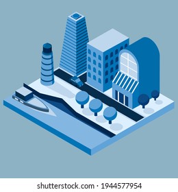 Vector illustration with isometric city buildings in blue colors. City embankment.