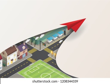 Vector Illustration. Isometric city, Red plane and white background. Destination go to success goal. Concept Open up new ideas.