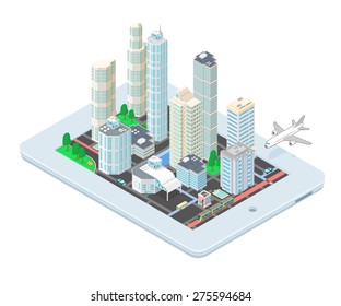 A vector illustration of an Isometric Cityscape on tablet application.
Isometric city map on tablet.
Map location finder app.