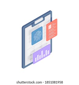 Vector illustration of isometric clipboard with biometric fingerprint and personal information on white background representing concept of data protection and cyberspace security