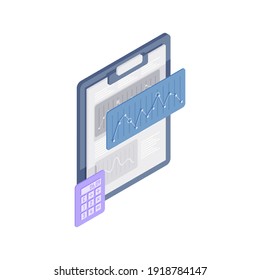 Vector illustration of isometric clipboard with dynamics on diagram and calculator on white background showing concept of financial report and operations