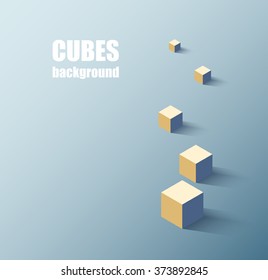 Vector illustration of isometric colorful cubes with long shadow on blue gradiend background and copyspace, architectural concept, abstract 3d
