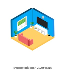 vector illustration of isometric, comfortable room for watching television with 3D concept