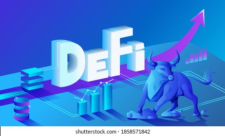 Vector illustration isometric composition of cryptocurrency and blockchain with decentralized finance defi and bull. Bullish market, charts and up arrows.