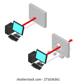 A vector illustration of an isometric computer firewall concept.
Computer security firewall illustration.
Computer hacking illustration.