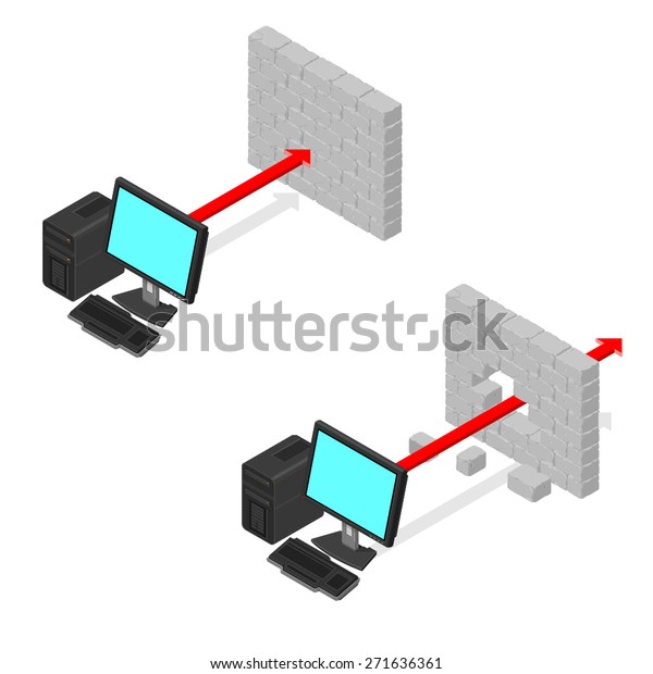 アイソメコンピュータのファイアウォールのコンセプトのベクターイラスト コンピュータのセキュリティファイアウォールの図 コンピューターのハッキング イラスト のベクター画像素材 ロイヤリティフリー