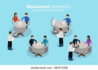 Vector illustration of a isometric concept of people in the restaurant.