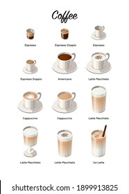 Vector Illustration of Isometric Cups with Different Types of Coffee isolated on White Background. Espresso, Latte Macchiato with Cocoa Powder, Americano, Cappuccino. Cafe, Restaurant Menu Template.