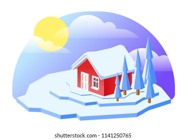 Vector illustration of isometric cute house on hill. Isolated winter day view.