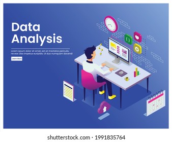 Vector Illustration of Isometric. Data Analysis Activity. Best for  Banners, Backgrounds, Education, Flyers, Wabpages, Posters, Infographics, Web Banner Lay Out, Element 