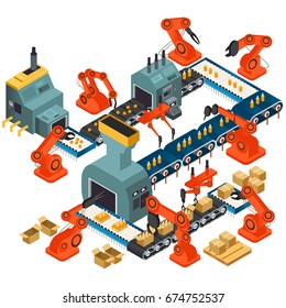 Ilustración vectorial del diseño isométrico de la planta de transformación automatizada